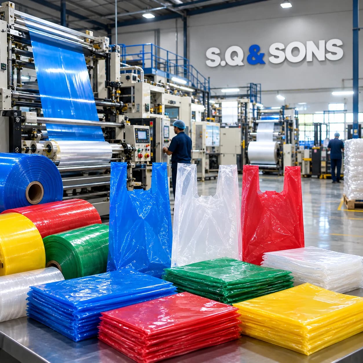 Blue, clear and red poly bags with stacks of colored bags and rolls of colored film in front of a film production line