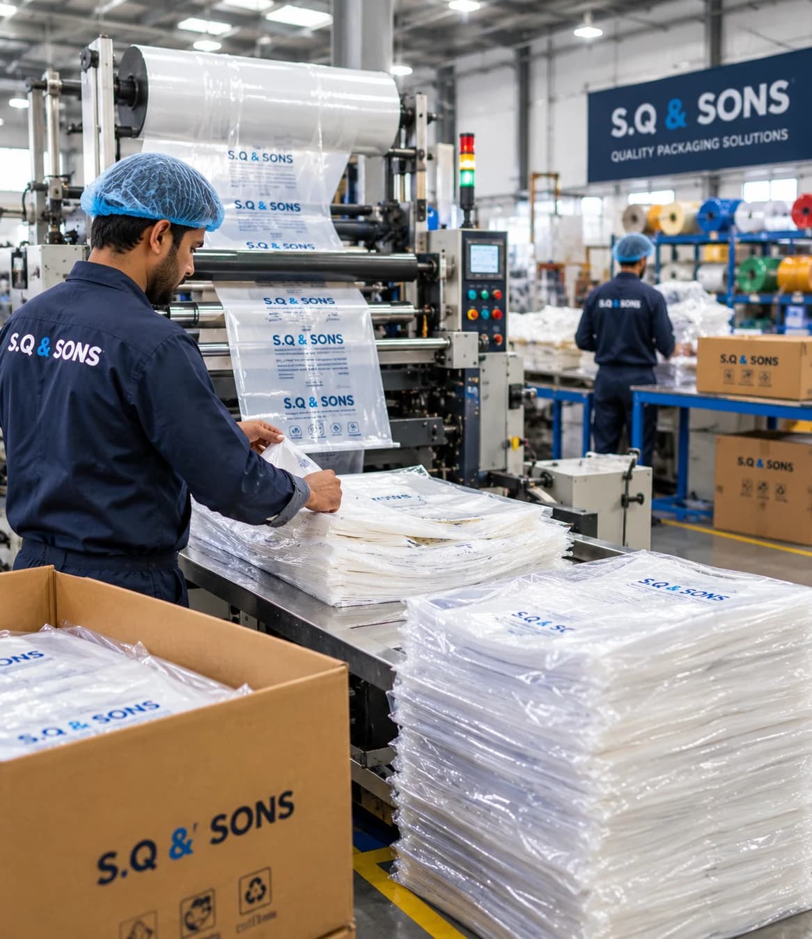 Operator stacking printed clear poly flyer bags from a bag-making machine, with finished bags packed in cartons