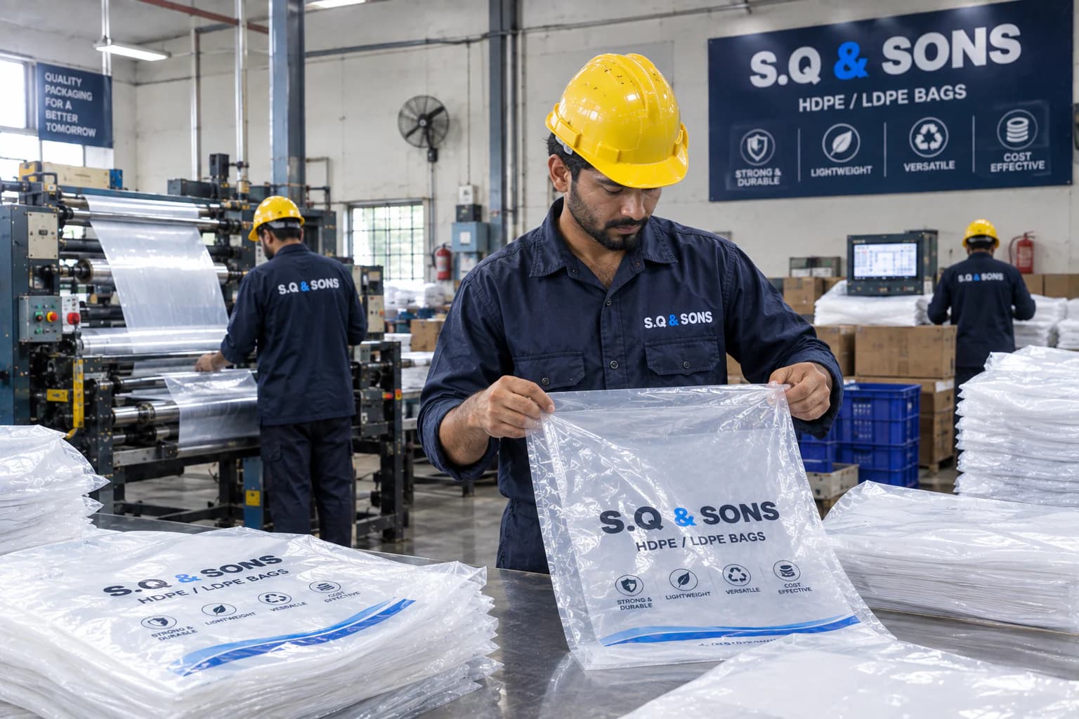 Operator holding a clear HDPE / LDPE bag at a workstation, with stacked bags and film machinery behind
