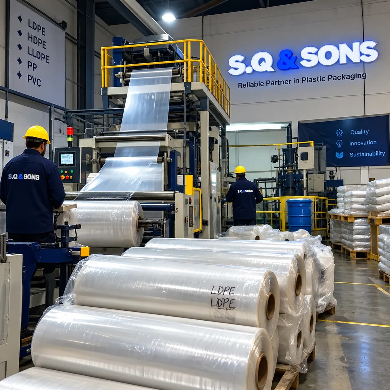 Clear LDPE film running through a production line, with operators at the machines and wrapped rolls of clear film in the foreground