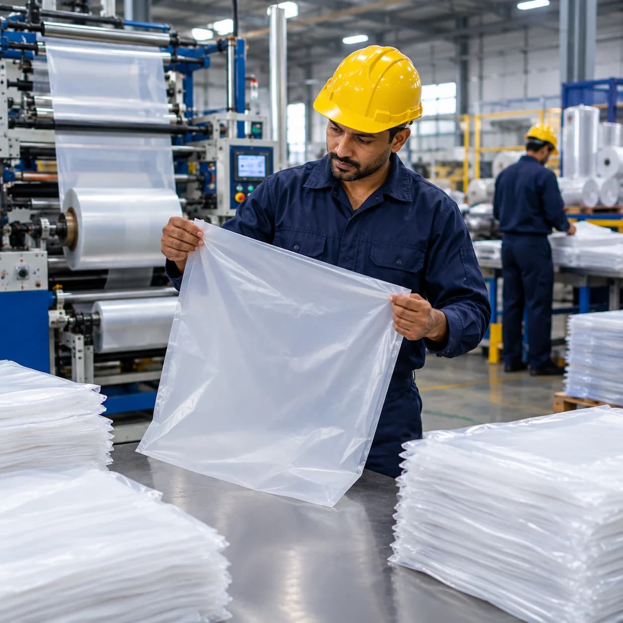 Operator inspecting a clear PEVA poly bag, with stacks of finished bags and film production behind