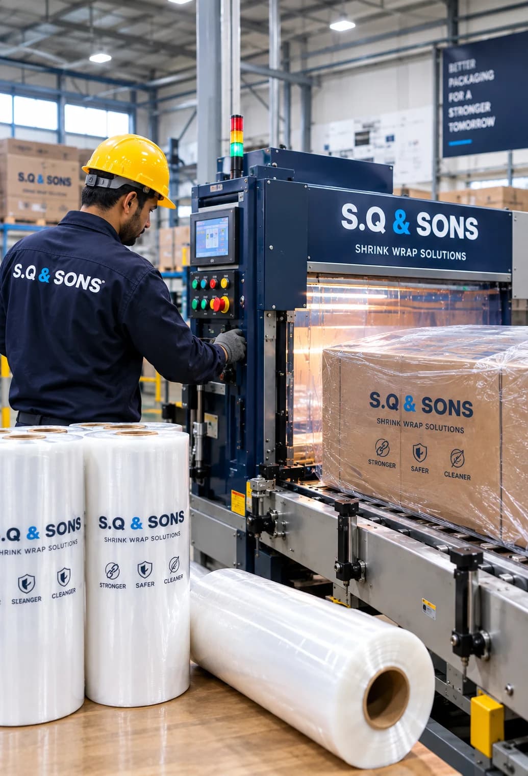 Shrink wrap machine wrapping a boxed load on a conveyor, with rolls of shrink film in the foreground