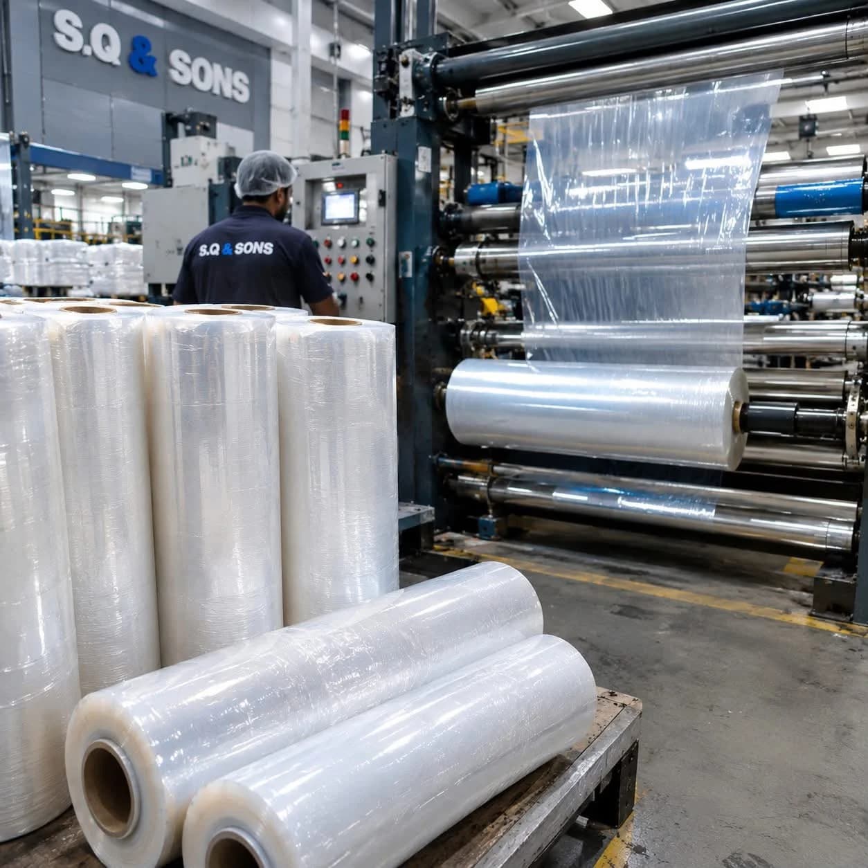 Clear stretch film rolls on a pallet beside a film production line, with an operator at the control panel