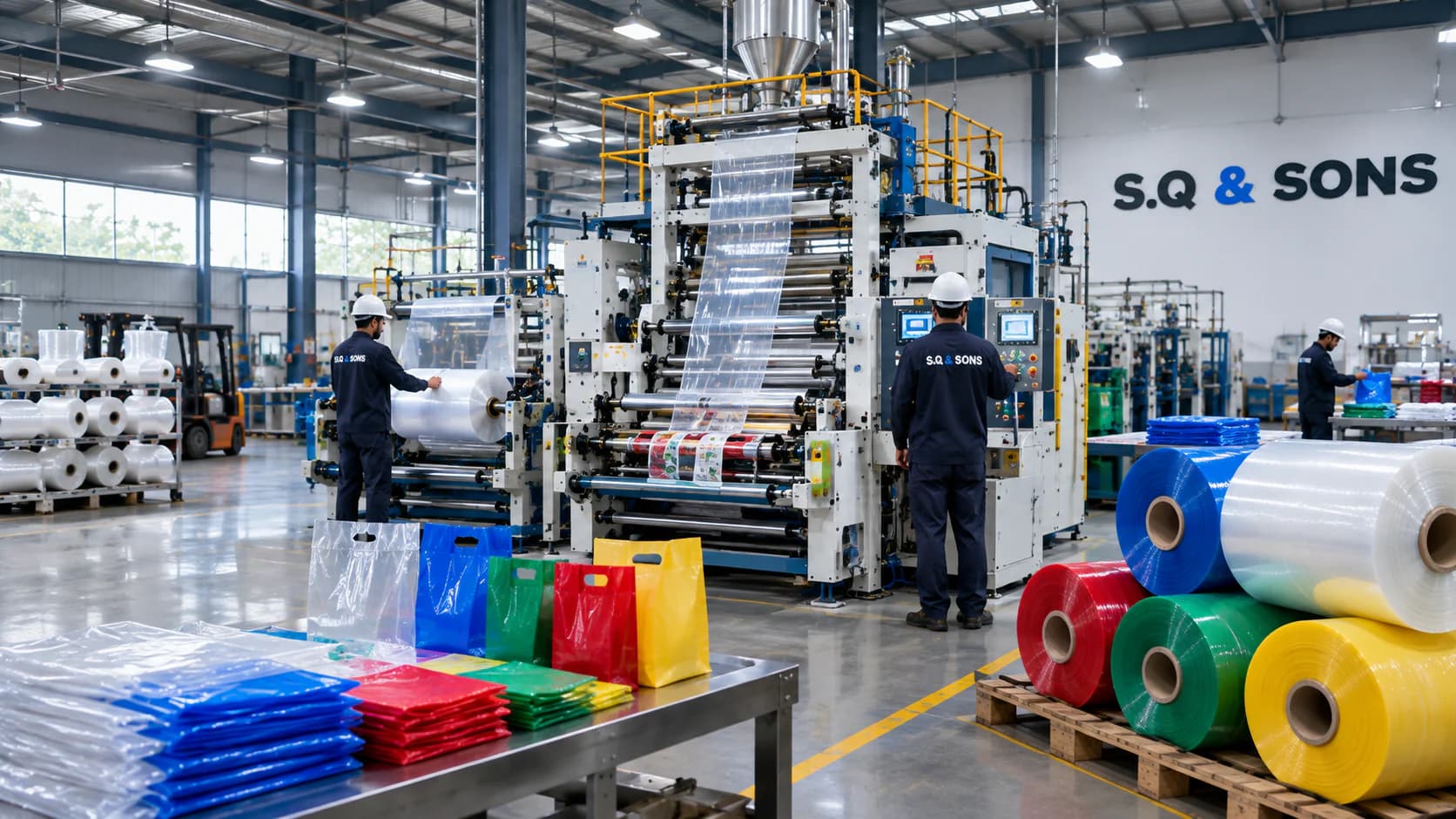 Colored and transparent polyethylene bags and film rolls beside a film extrusion line