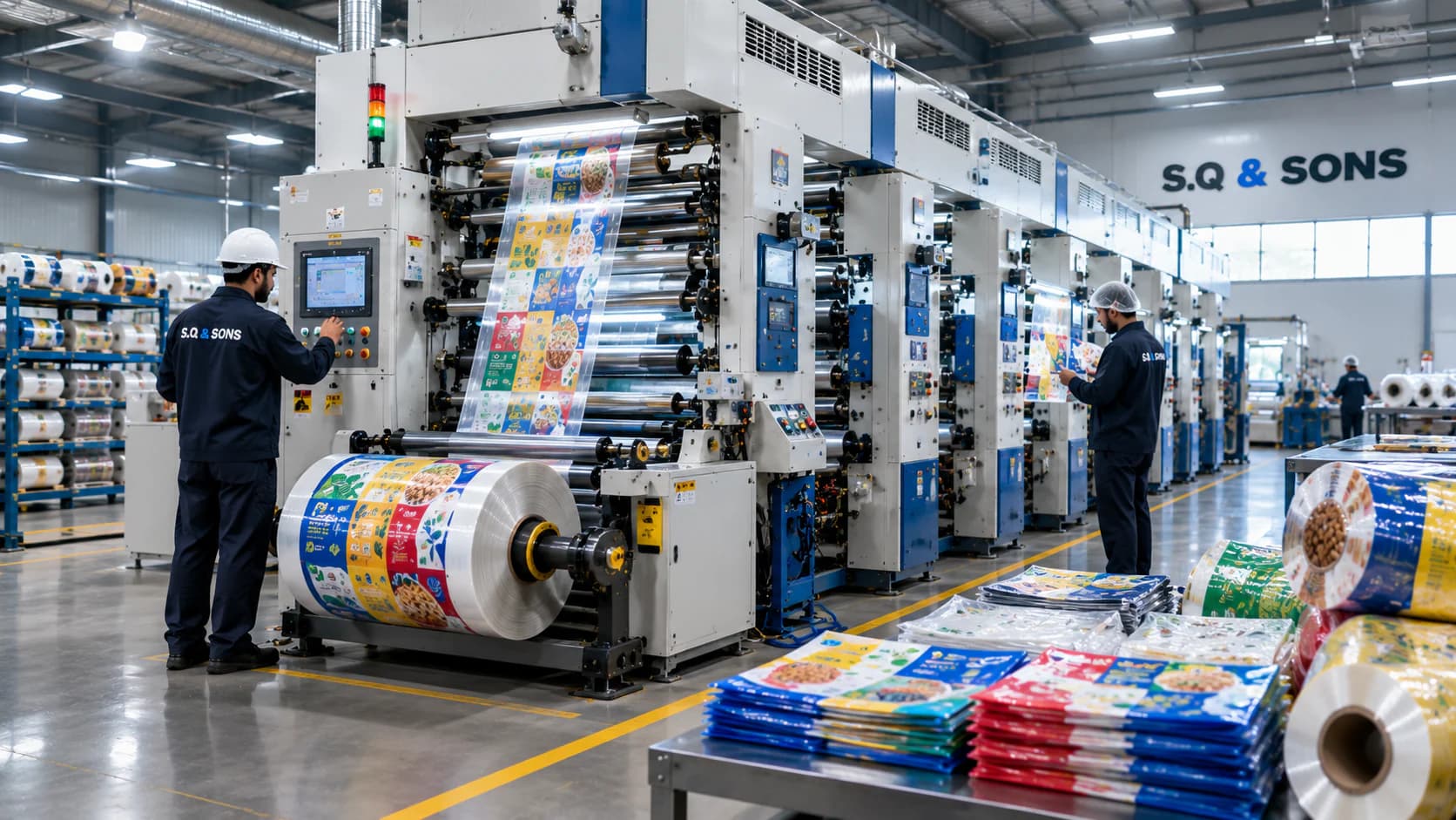 Multi-color printing line producing printed packaging film, with printed rolls and finished pouches in the foreground