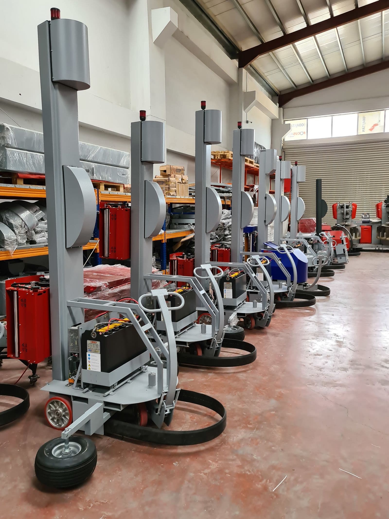 Packaging and wrapping equipment in an industrial warehouse