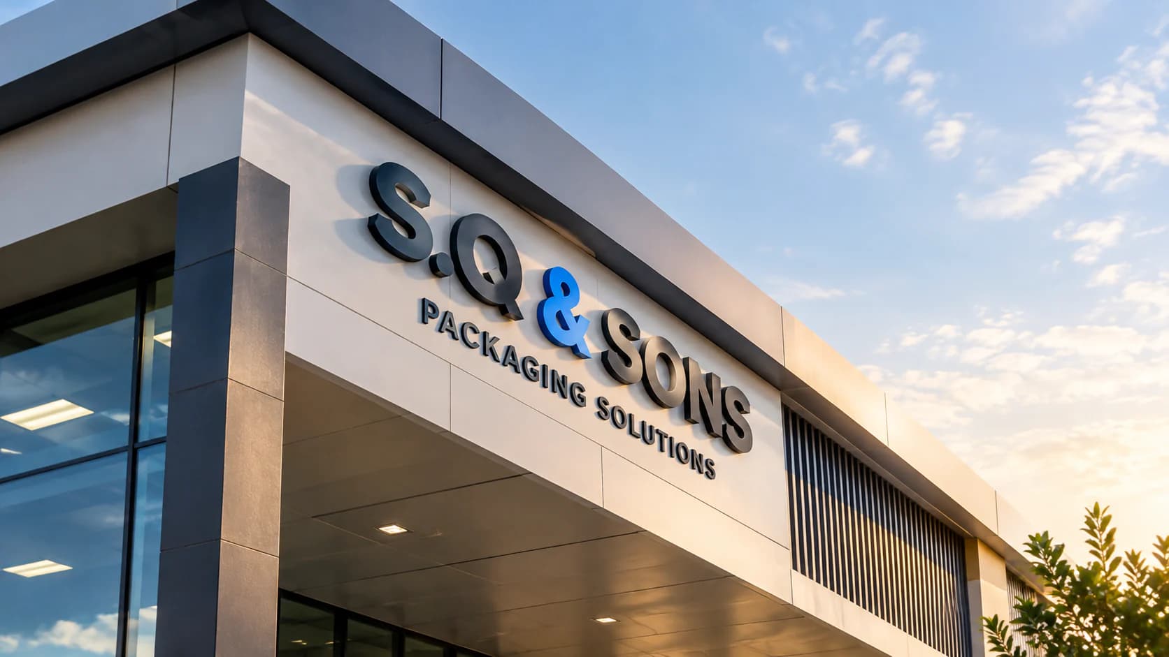 Illustrative view of a modern manufacturing building exterior with S.Q & Sons packaging signage