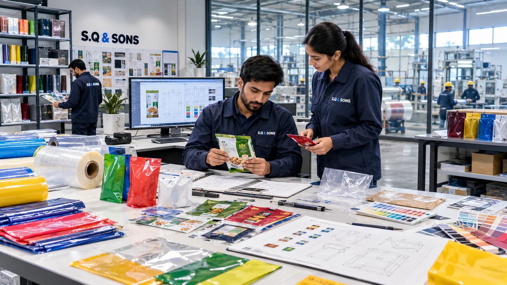 Team reviewing printed pouches, film samples and artwork specifications at a design desk
