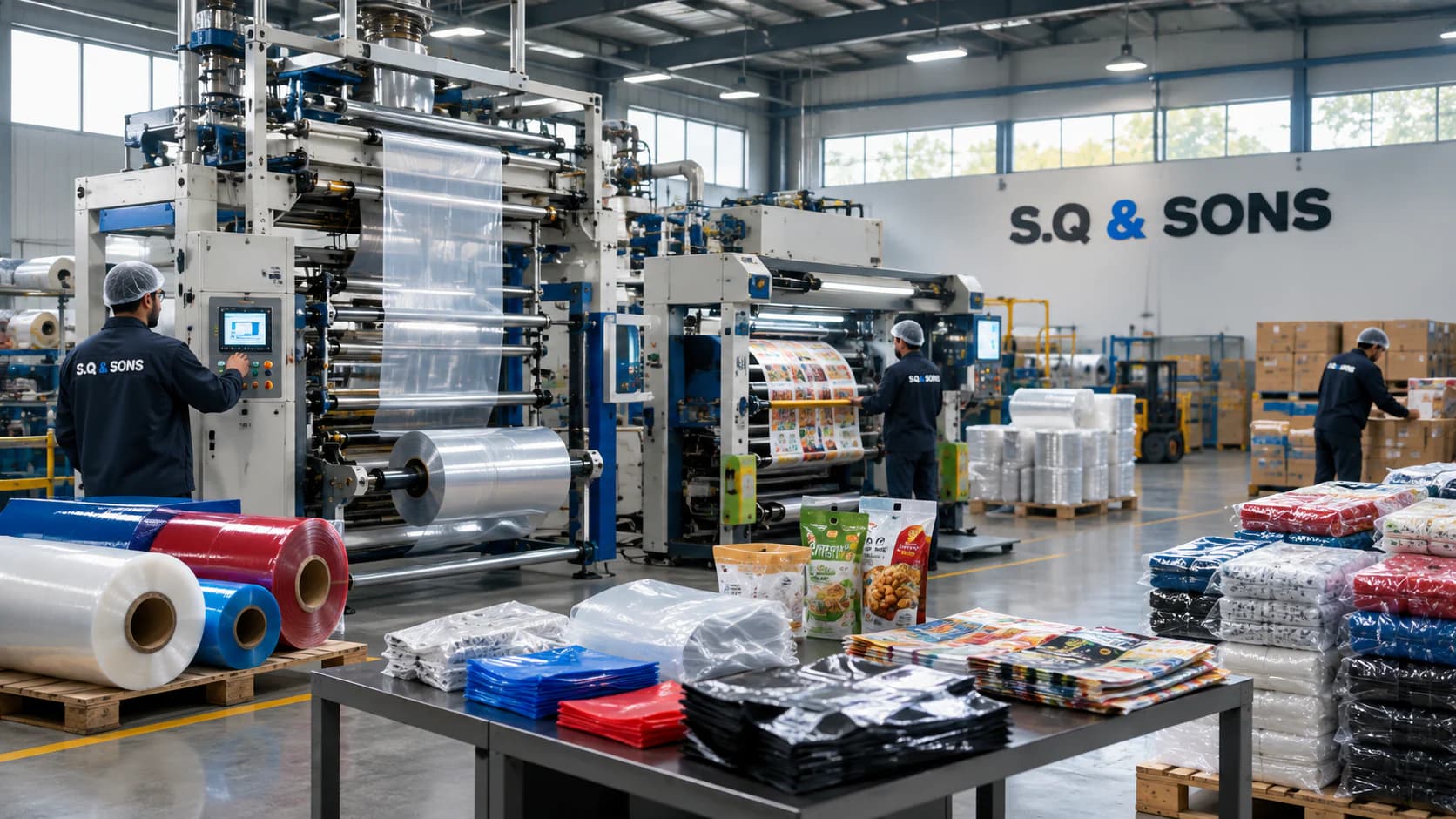Production floor with film extrusion and printing machinery, operators at the controls, and finished bags and film rolls in the foreground