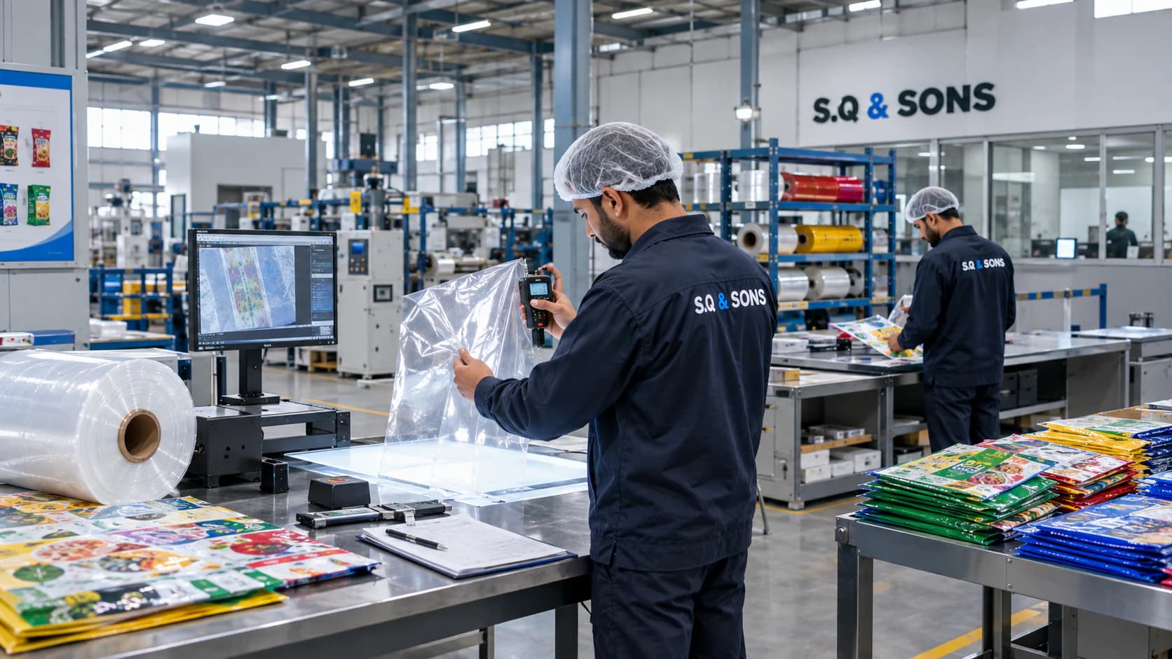 Team member inspecting a clear polyethylene bag with a handheld gauge at a production workstation