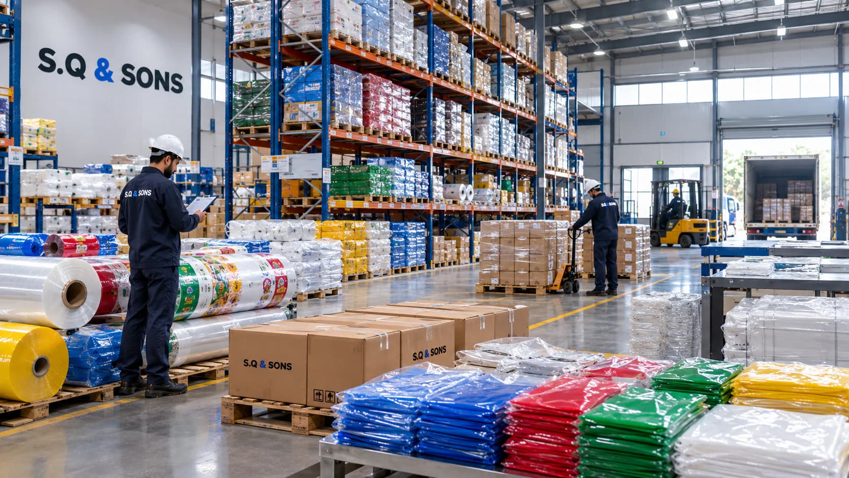 Finished polyethylene bags, film rolls and boxed stock staged in a warehouse ready for dispatch